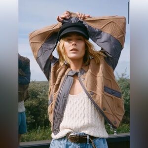 Free People Block Party Bomber Cable Knit Zip Up Pockets Tobacco Road Combo